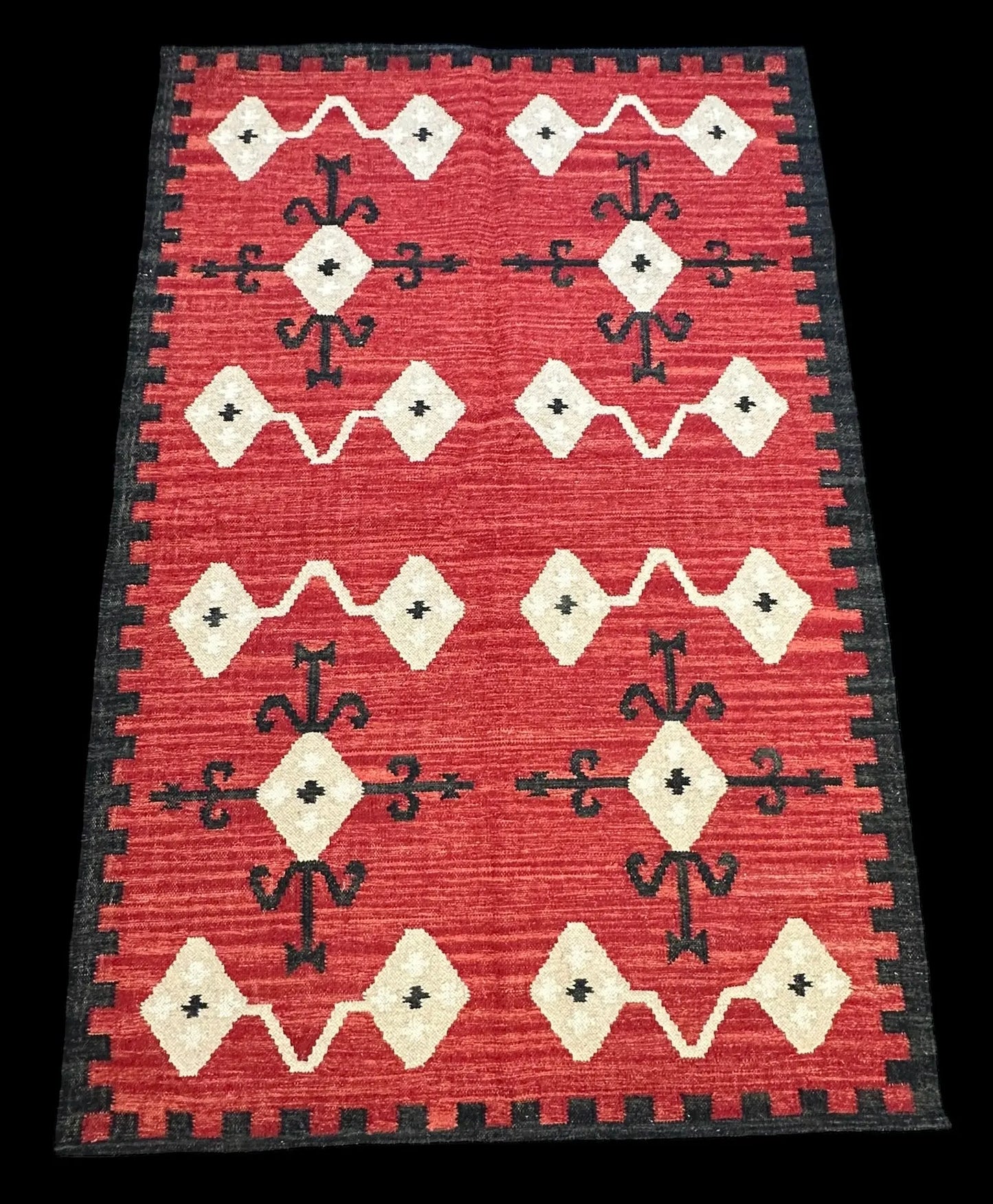 Handmade Vintage Wool Rug Red Turkish Kilim Geometric Design 4'1 x 6'2 I Got Rugs
