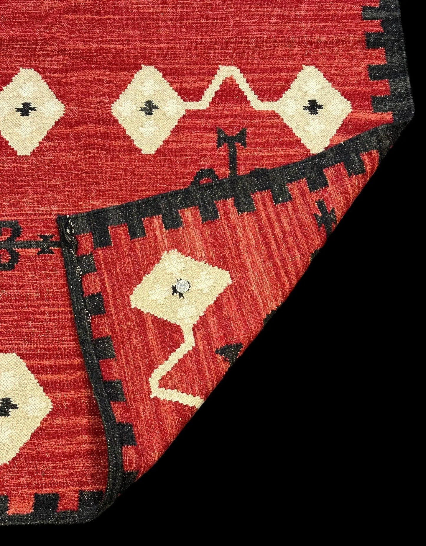 Handmade Vintage Wool Rug Red Turkish Kilim Geometric Design 4'1 x 6'2 I Got Rugs