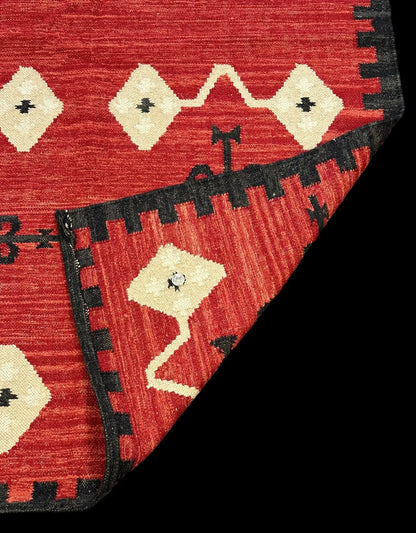 Handmade Vintage Wool Rug Red Turkish Kilim Geometric Design 4'1 x 6'2 I Got Rugs