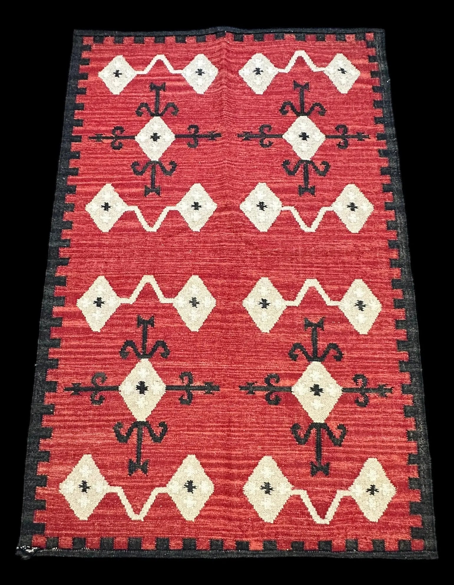 Handmade Vintage Wool Rug Red Turkish Kilim Geometric Design 4'1 x 6'2 I Got Rugs