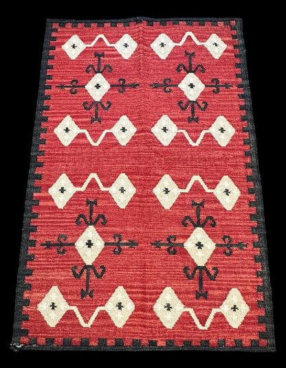 Handmade Vintage Wool Rug Red Turkish Kilim Geometric Design 4'1 x 6'2 I Got Rugs