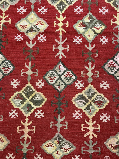 Handmade Vintage Wool Rug Red Turkish Kilim Geometric Design 5'3 x 7'11 I Got Rugs