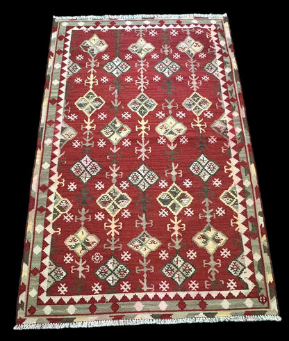 Handmade Vintage Wool Rug Red Turkish Kilim Geometric Design 5'3 x 7'11 I Got Rugs