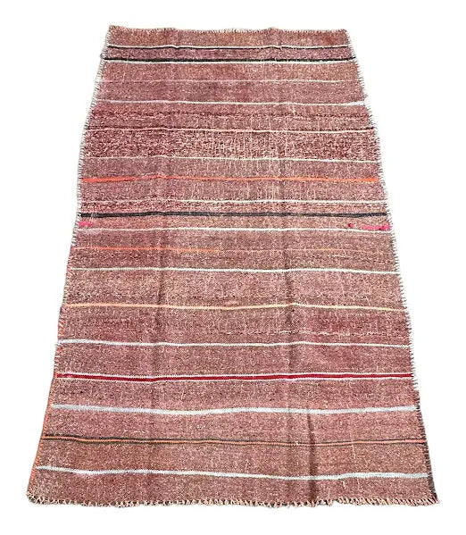 Handmade Vintage Wool Rug Red Turkish Kilim Striped Pattern 4'3 x 7'4 I Got Rugs