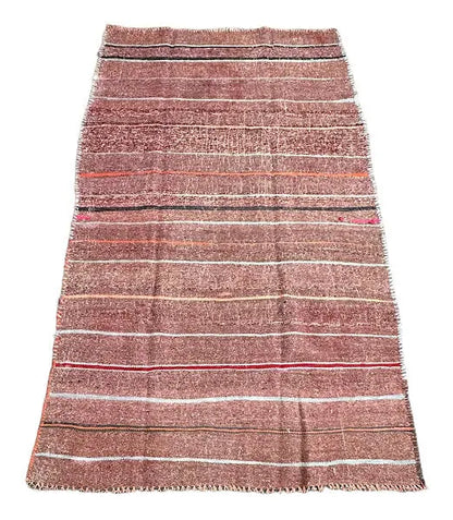 Handmade Vintage Wool Rug Red Turkish Kilim Striped Pattern 4'3 x 7'4 I Got Rugs