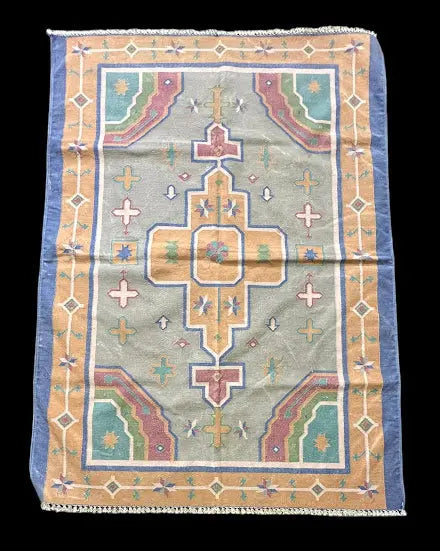 Handmade Vintage Wool Rug Turkish Anatolian Blue Geometric Design 4'1 x 5'8 I Got Rugs