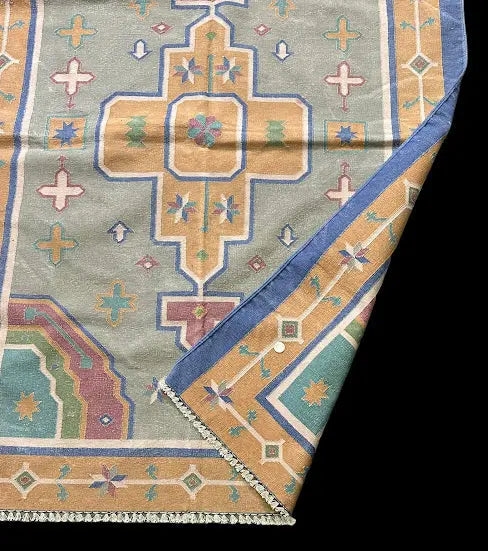 Handmade Vintage Wool Rug Turkish Anatolian Blue Geometric Design 4'1 x 5'8 I Got Rugs