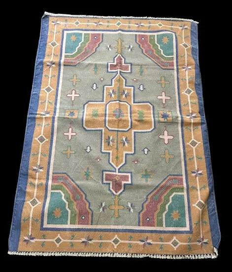 Handmade Vintage Wool Rug Turkish Anatolian Blue Geometric Design 4'1 x 5'8 I Got Rugs