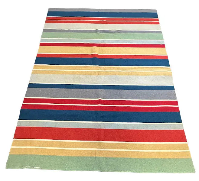 Handmade Vintage Wool Rug Turkish Anatolian Multicolor Striped Design 5'6 x 7'8 I Got Rugs