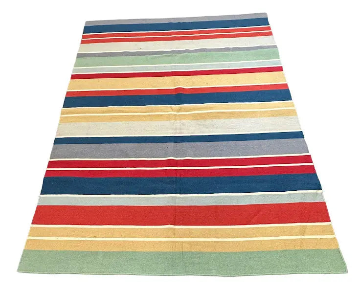Handmade Vintage Wool Rug Turkish Anatolian Multicolor Striped Design 5'6 x 7'8 I Got Rugs