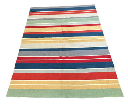 Handmade Vintage Wool Rug Turkish Anatolian Multicolor Striped Design 5'6 x 7'8 I Got Rugs