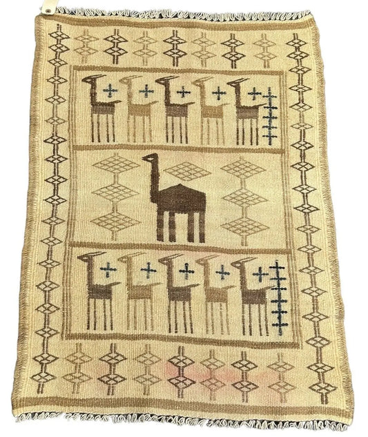 Handmade Vintage Wool Rug Turkish Flat Weave Camel Pictorial Beige 2'5 x 3'4 I Got Rugs