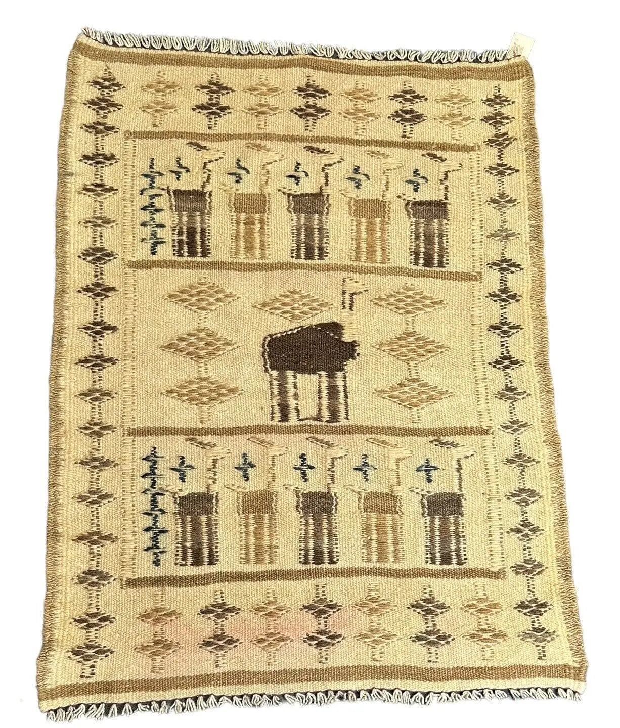 Handmade Vintage Wool Rug Turkish Flat Weave Camel Pictorial Beige 2'5 x 3'4 I Got Rugs