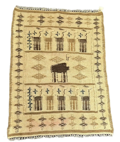 Handmade Vintage Wool Rug Turkish Flat Weave Camel Pictorial Beige 2'5 x 3'4 I Got Rugs