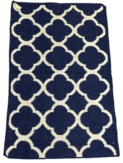Handmade Vintage Wool Rug Turkish Flatweave Design Blue 2'7 x 4' I Got Rugs