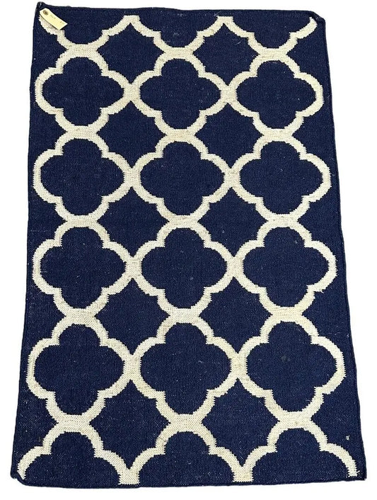 Handmade Vintage Wool Rug Turkish Flatweave Design Blue 2'7 x 4' I Got Rugs