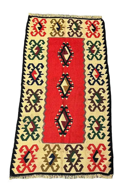 Handmade Vintage Wool Rug Turkish Flatweave Geometric Design 2'4 x 4'6 I Got Rugs