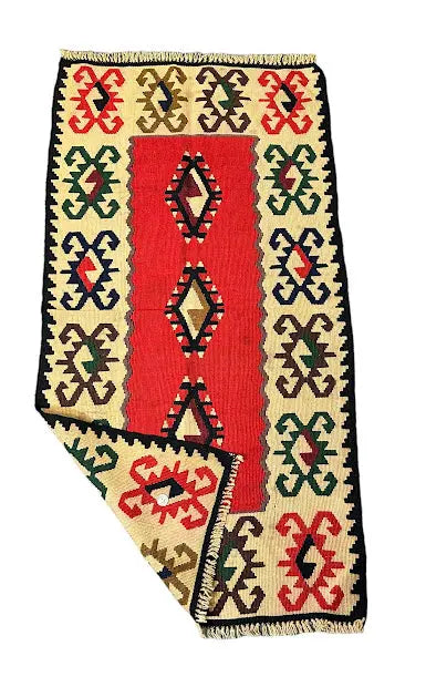 Handmade Vintage Wool Rug Turkish Flatweave Geometric Design 2'4 x 4'6 I Got Rugs