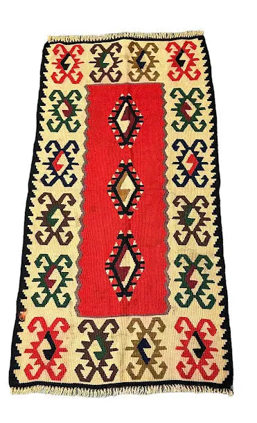 Handmade Vintage Wool Rug Turkish Flatweave Geometric Design 2'4 x 4'6 I Got Rugs