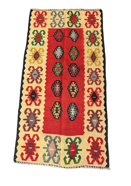Handmade Vintage Wool Rug Turkish Flatweave Geometric Design 2'4 x 4'8 I Got Rugs