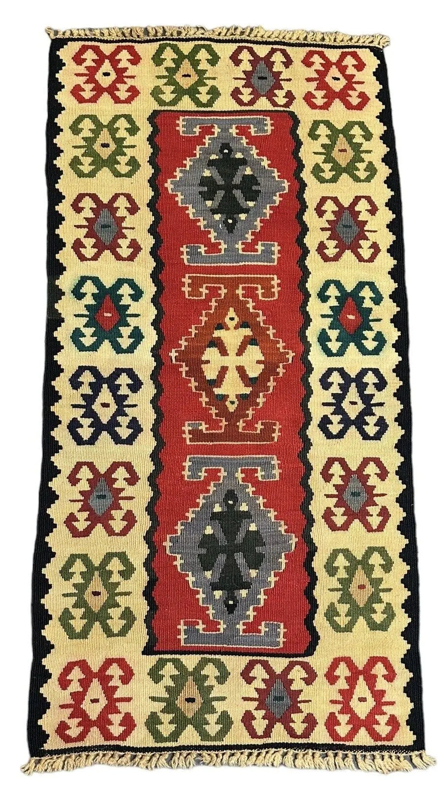Handmade Vintage Wool Rug Turkish Flatweave Multicolor Geometric Design 2'3 x 4'6 I Got Rugs