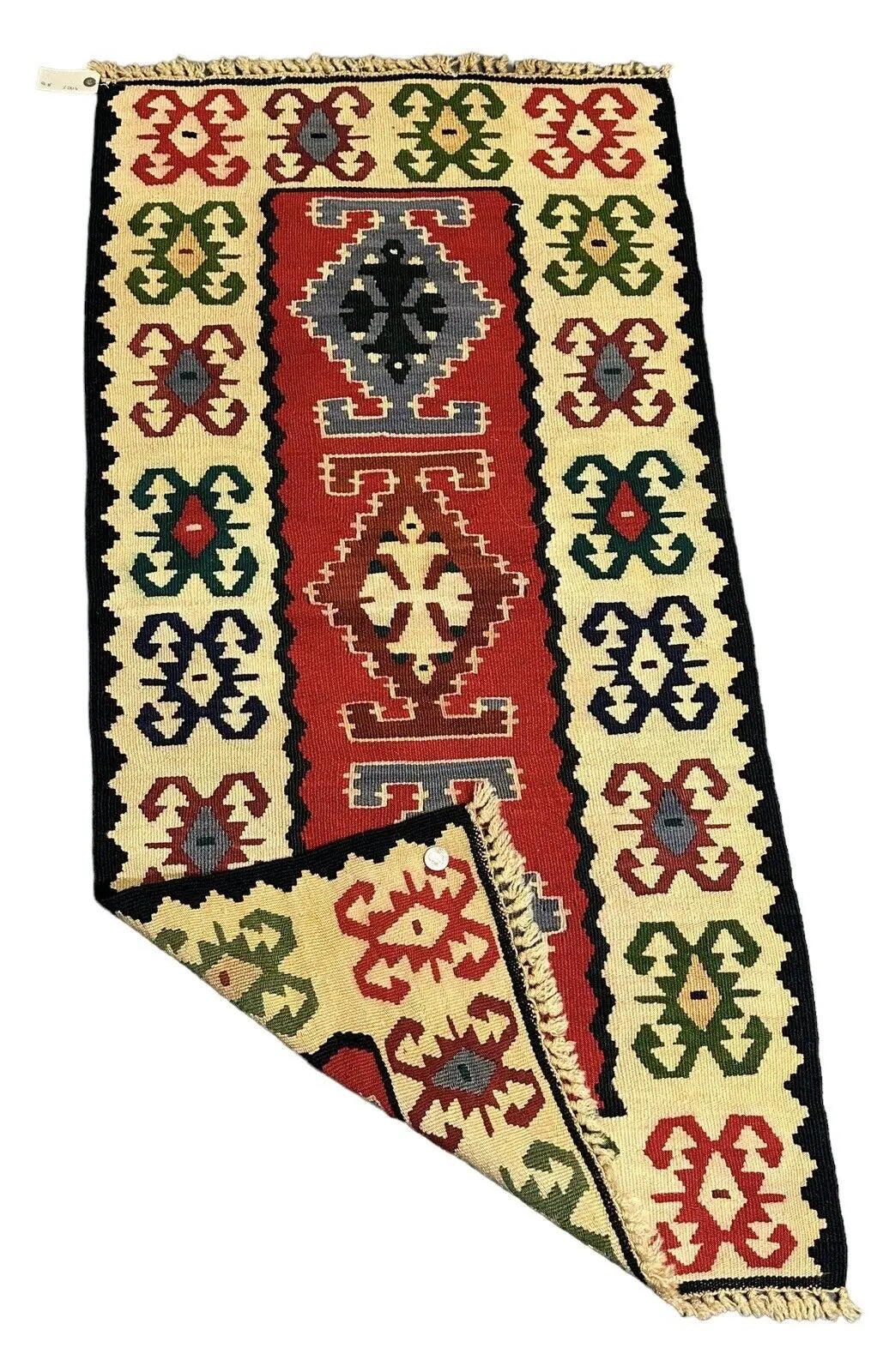 Handmade Vintage Wool Rug Turkish Flatweave Multicolor Geometric Design 2'3 x 4'6 I Got Rugs