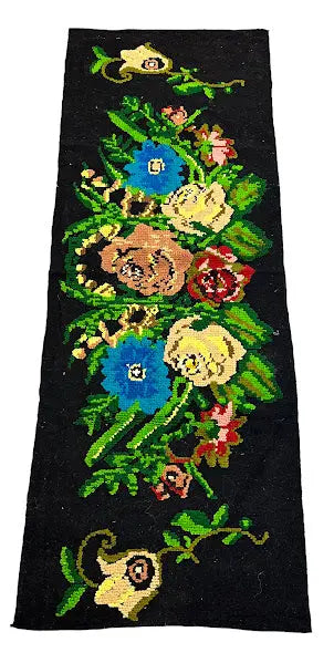 Handmade Vintage Wool Rug Turkish Floral Embroidered Design Black 2'4 x 6'5 I Got Rugs