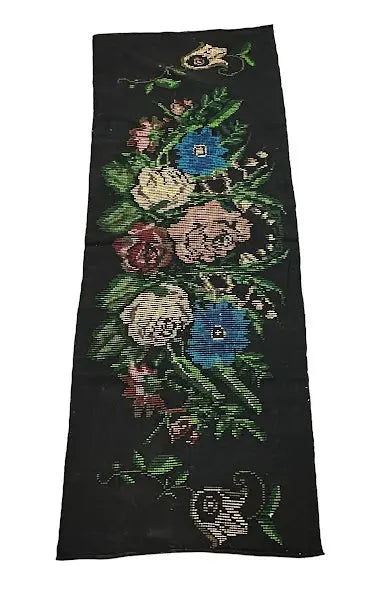 Handmade Vintage Wool Rug Turkish Floral Embroidered Design Black 2'4 x 6'5 I Got Rugs