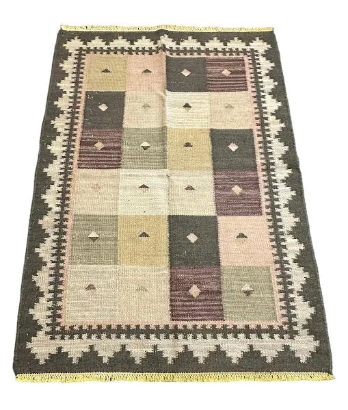 Handmade Vintage Wool Rug Turkish Green Geometric Design 4'1 x 5'10 I Got Rugs