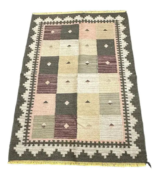 Handmade Vintage Wool Rug Turkish Green Geometric Design 4'1 x 5'10 I Got Rugs