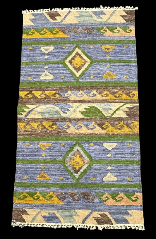 Handmade Vintage Wool Rug Turkish Kilim Blue Geometric Design 2'3 x 4'4 I Got Rugs