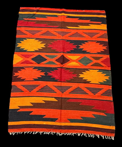 Handmade Vintage Wool Rug Turkish Kilim Bold Colors Tribal Design 3'7 x 4'10 I Got Rugs
