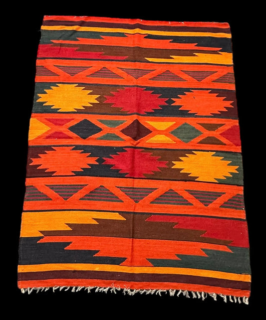 Handmade Vintage Wool Rug Turkish Kilim Bold Colors Tribal Design 3'7 x 4'10 I Got Rugs