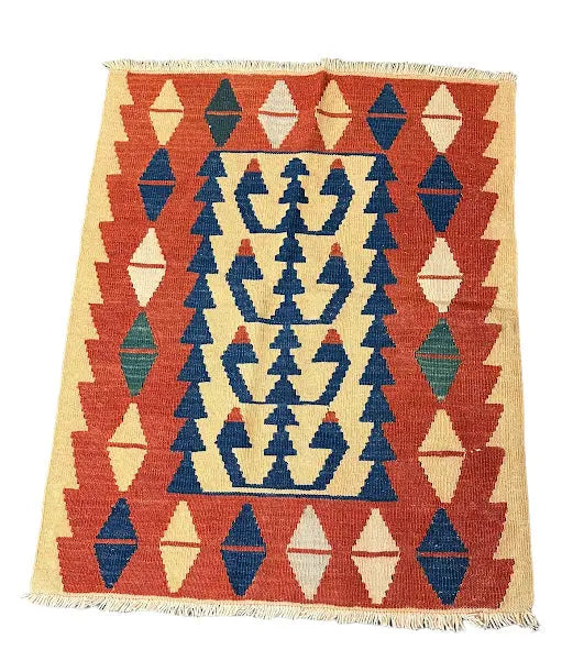 Handmade Vintage Wool Rug Turkish Kilim Diamond Design Multicolor 2'10 x 3'7 I Got Rugs