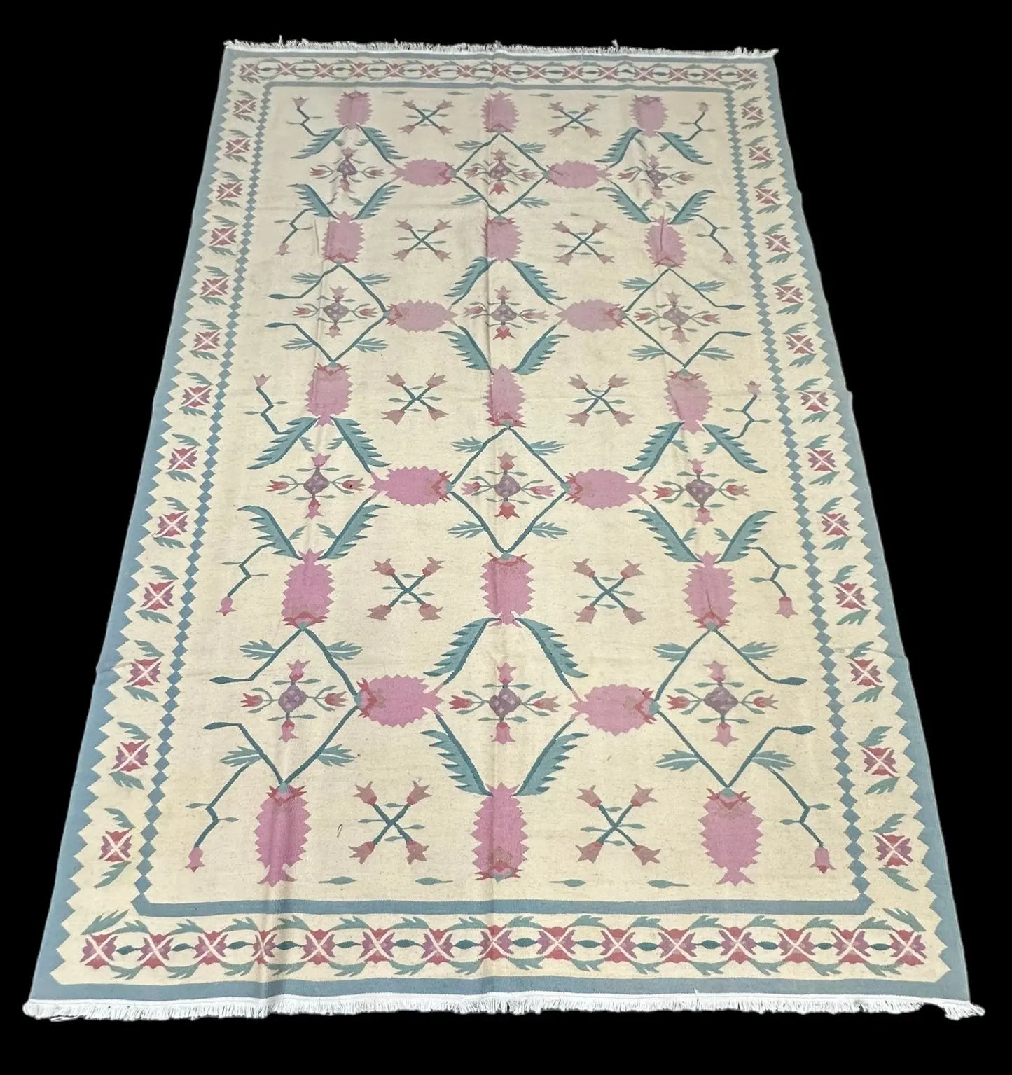 Handmade Vintage Wool Rug Turkish Kilim Floral Design in Light Colors 6' x 9' I Got Rugs
