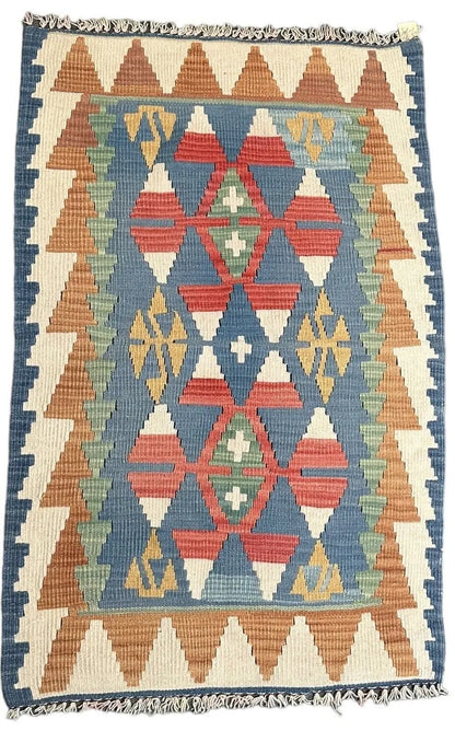 Handmade Vintage Wool Rug Turkish Kilim Geometric Design 2'4 x 3'8 I Got Rugs