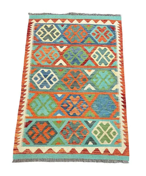 Handmade Vintage Wool Rug Turkish Kilim Geometric Design 3'1 x 4'10 I Got Rugs
