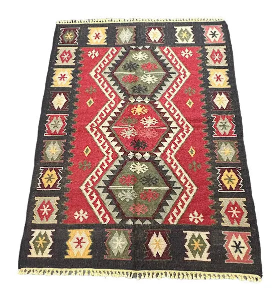 Handmade Vintage Wool Rug Turkish Kilim Geometric Design 4'3 x 5'11 I Got Rugs