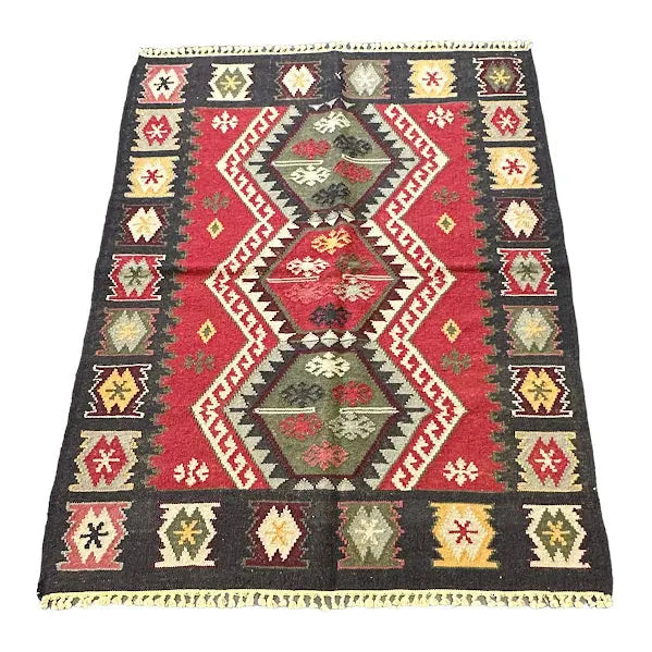 Handmade Vintage Wool Rug Turkish Kilim Geometric Design 4'3 x 5'11 I Got Rugs