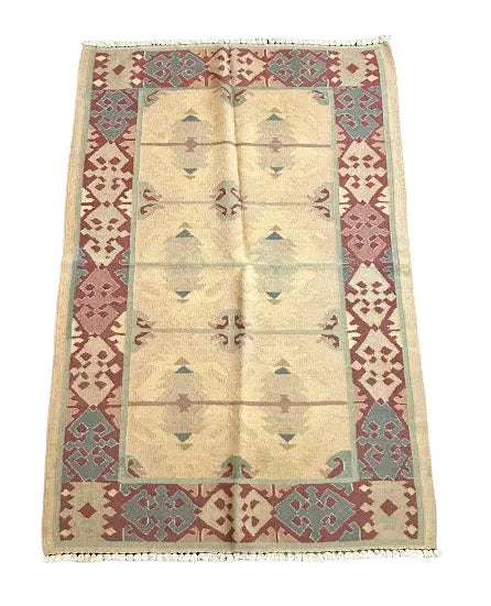 Handmade Vintage Wool Rug Turkish Kilim Geometric Design Beige 3'2 x 4'10 I Got Rugs