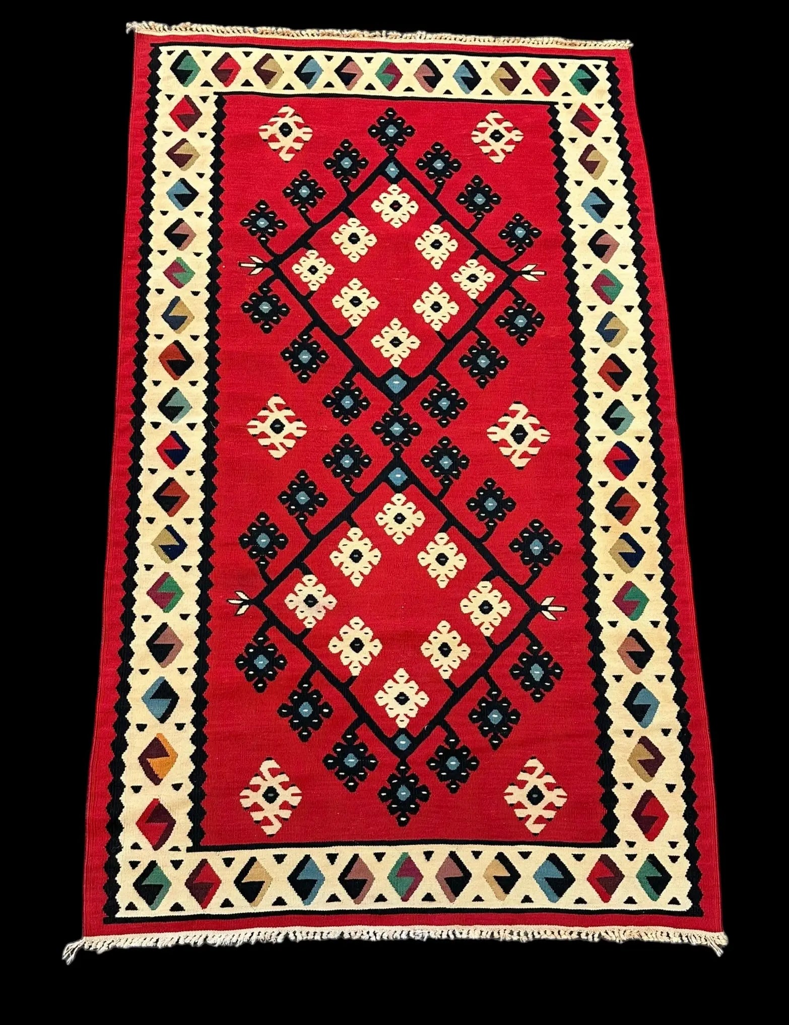 Handmade Vintage Wool Rug Turkish Kilim Geometric Design Multicolor 3' x 5'1 I Got Rugs