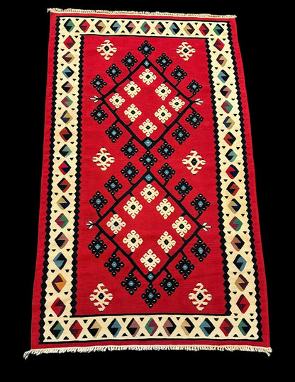 Handmade Vintage Wool Rug Turkish Kilim Geometric Design Multicolor 3' x 5'1 I Got Rugs
