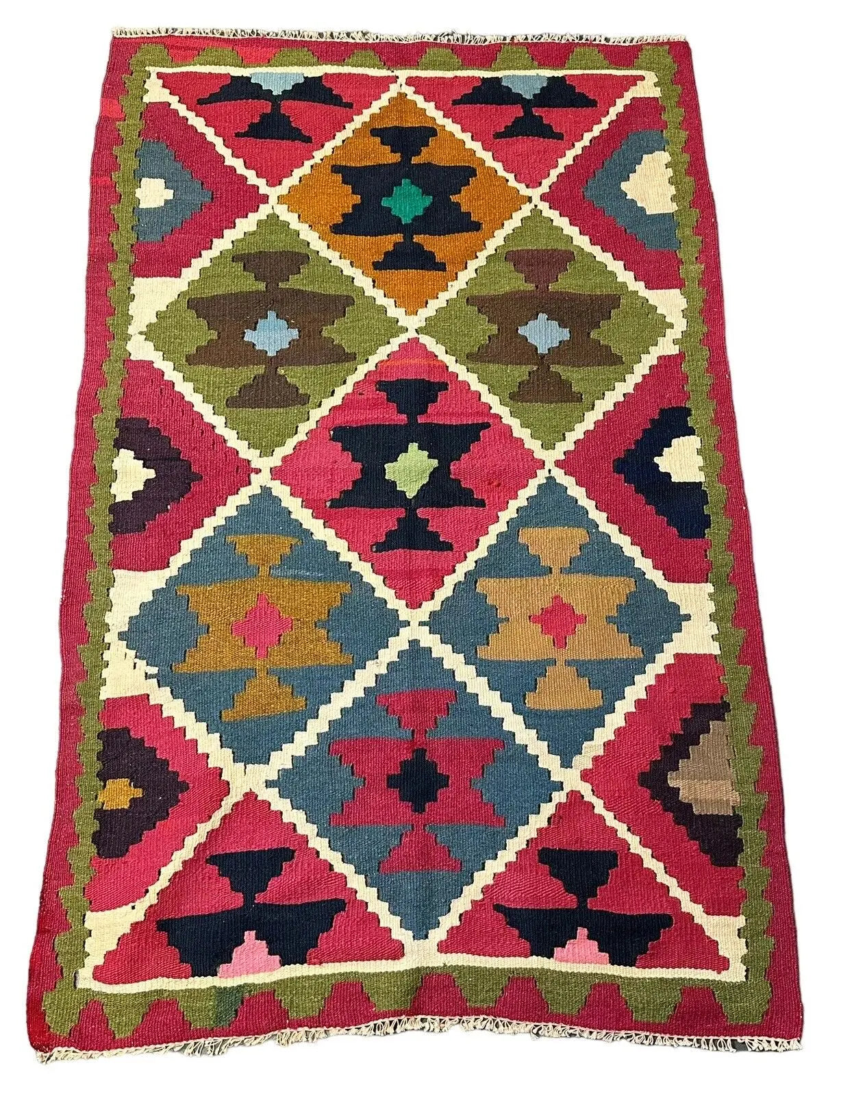Handmade Vintage Wool Rug Turkish Kilim Geometric Design Multicolor 3'1 x 4'8 I Got Rugs