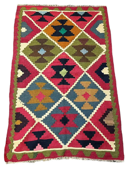 Handmade Vintage Wool Rug Turkish Kilim Geometric Design Multicolor 3'1 x 4'8 I Got Rugs