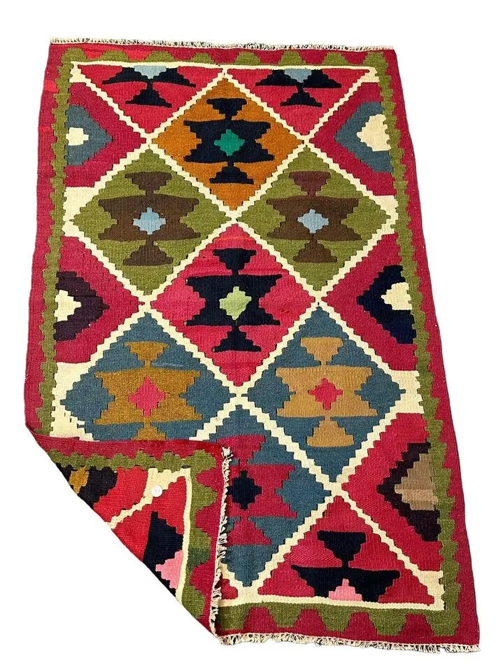 Handmade Vintage Wool Rug Turkish Kilim Geometric Design Multicolor 3'1 x 4'8 I Got Rugs
