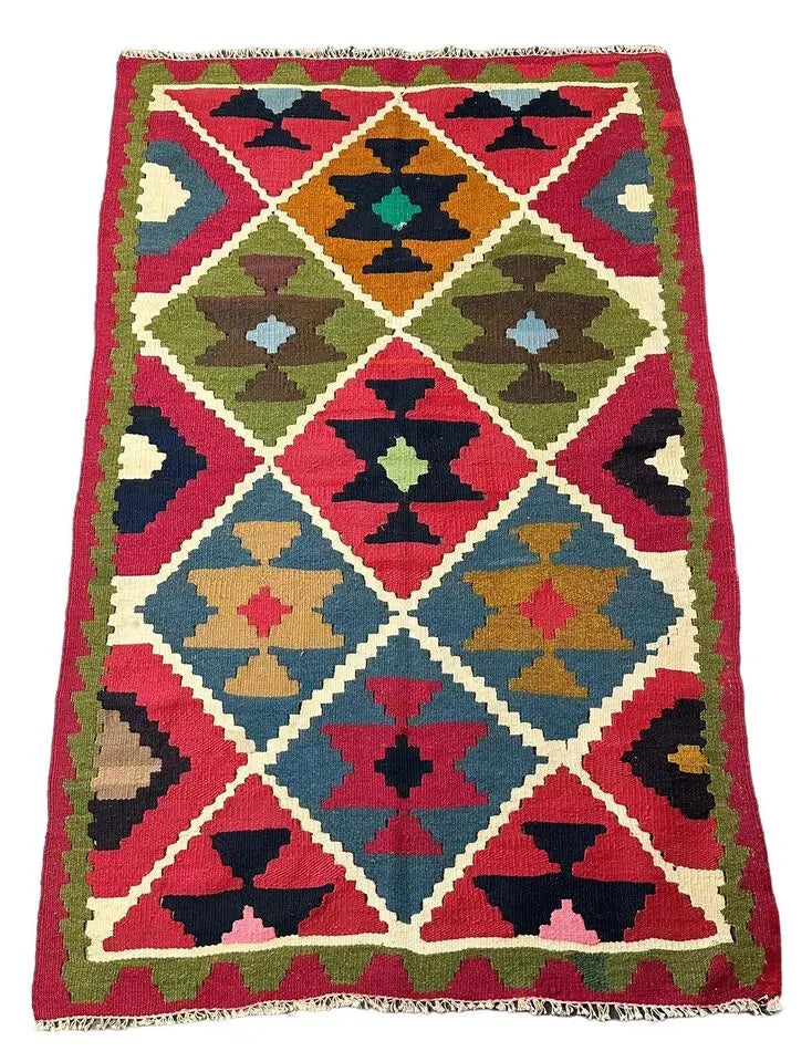 Handmade Vintage Wool Rug Turkish Kilim Geometric Design Multicolor 3'1 x 4'8 I Got Rugs