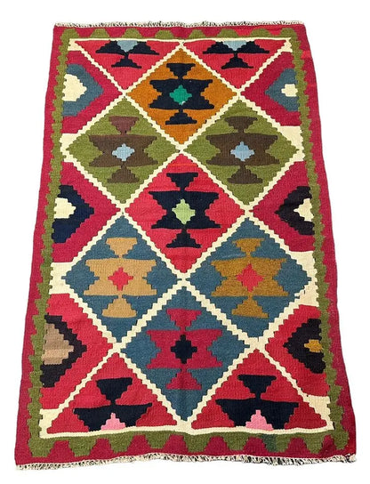 Handmade Vintage Wool Rug Turkish Kilim Geometric Design Multicolor 3'1 x 4'8 I Got Rugs