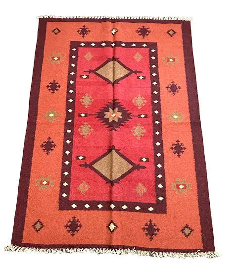Handmade Vintage Wool Rug Turkish Kilim Geometric Design Red 4'1 x 5'11 I Got Rugs