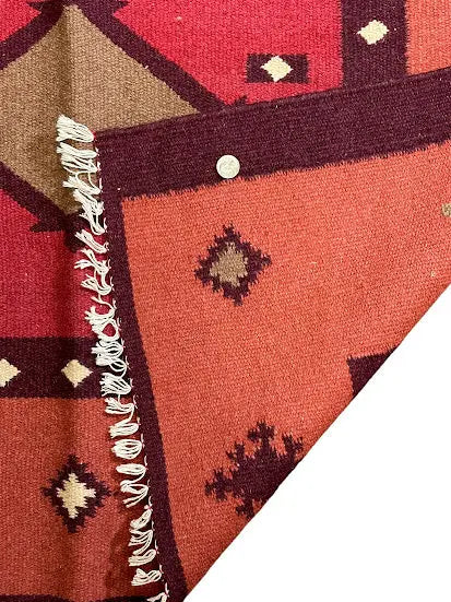 Handmade Vintage Wool Rug Turkish Kilim Geometric Design Red 4'1 x 5'11 I Got Rugs