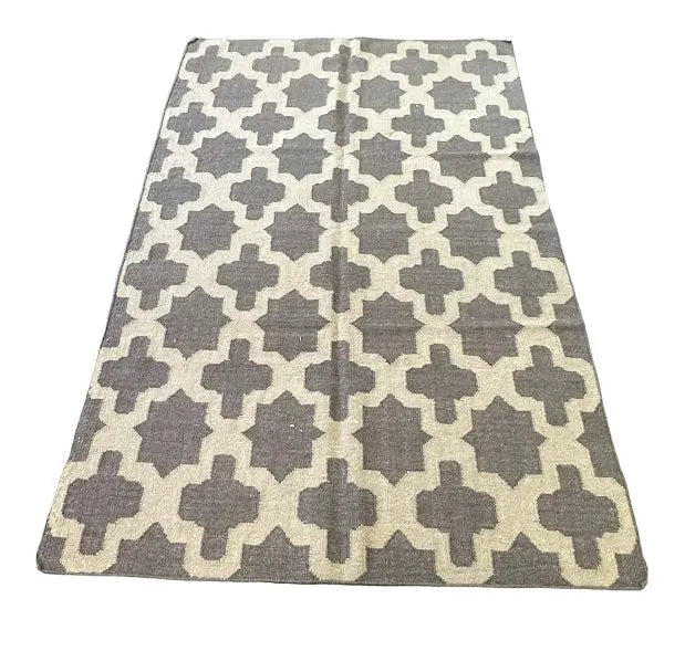 Handmade Vintage Wool Rug Turkish Kilim Gray Geometric Design 4'11 x 7'9 I Got Rugs